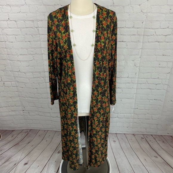 LuLaRoe Sweaters - Lularoe Sarah Open Front Long Duster Cardigan Sweater Black w/Floral Print XL